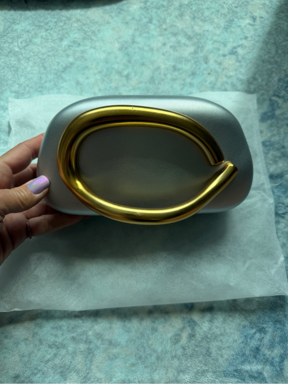 Handheld Clutch in Light Gray with Gold Accent Hand Inset